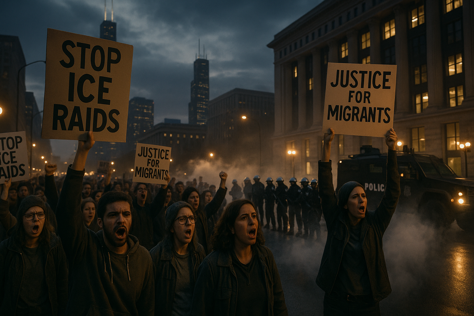 Protesters in downtown Chicago rally against ICE raids, holding signs and banners, with visible police presence and city skyline in the background.