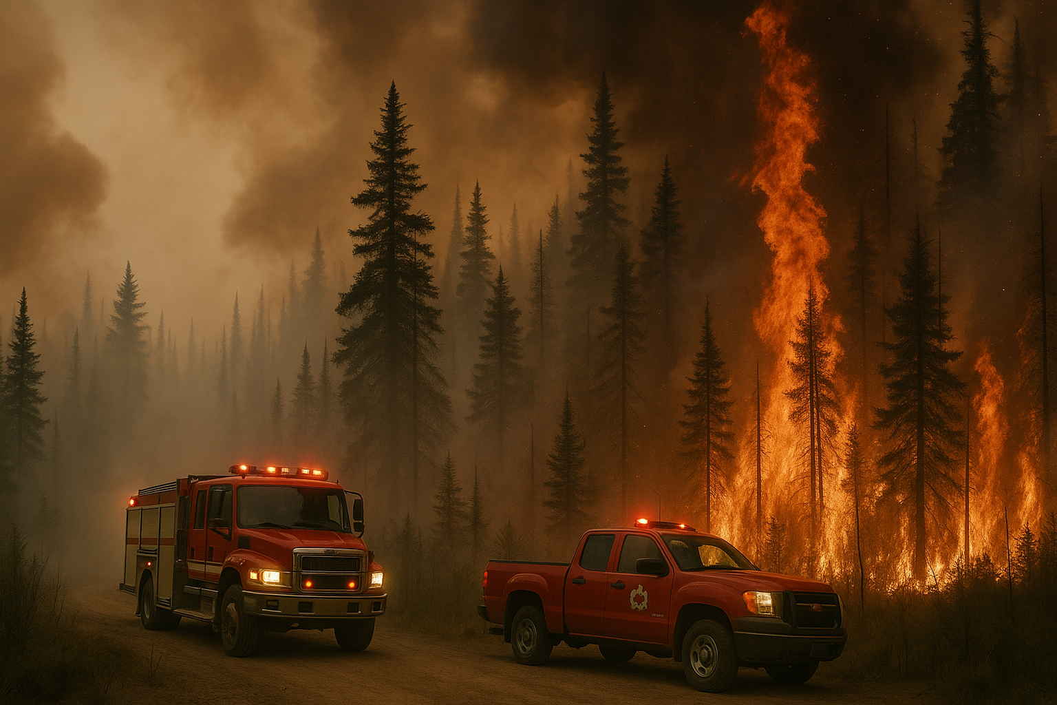Canada Wildfires 2025 - Thick smoke and flames in a Canadian forest during wildfire
